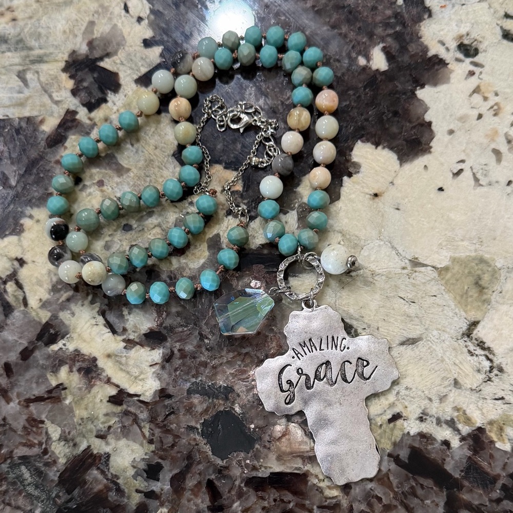 Amazing Grace Cross Pendant Beaded Necklace - Picture 2 of 7